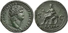 Nero (54-68), Dupondius, Rome, AD 66
AE (g 14,73; mm 29; h 6)
IMP NERO CLAVD CAESAR AVG GER P M TR P P P, radiate head r., Rv. Roma seated l. on cui...