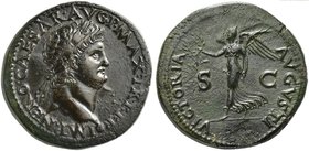 Nero (54-68), Dupondius, Lugdunum, AD 66
AE (g 13,14; mm 30; h 6)
IMP NERO CAESAR AVG P MAX TR P P P, laureate head r., globe at point of bust, Rv. ...
