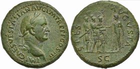 Vespasian (69-79), Sestertius, Rome, AD 71
AE (g 24,96; mm 33; h 6)
IMP CAES VESPASIAN AVG P M TR P P P COS III, laureate head r., Rv. SPES - AVGVST...