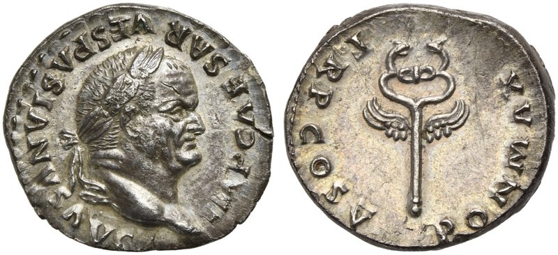 Vespasian (69-79), Denarius, Rome, AD 74
AR (g 3,27; mm 20; h 6)
IMP CAESAR VE...