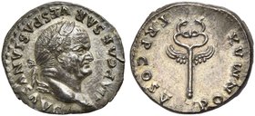Vespasian (69-79), Denarius, Rome, AD 74
AR (g 3,27; mm 20; h 6)
IMP CAESAR VESPASIANVS AVG, laureate head r., Rv. PON MAX - TR P COS V, winged cadu...