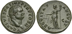Titus, as Caesar, As struck under Vespasian, Rome, AD 72
AE (g 10,87; mm 26; h 6)
T CAES VESPAS IMP P TR P COS II, laureate head r., Rv. AEQVITAS - ...
