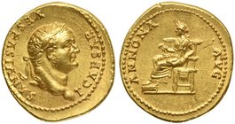 Titus, as Caesar, Aureus struck under Vespasian, Rome, AD 77-78
AV (g 7,21; mm 19; 6)
T CAESAR - VESPASIANVS, laureate head r., Rv. ANNONA - AVG, An...