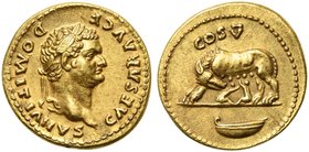 Domitian, as Caesar, Aureus, Rome, AD 77-78
AV (g 7,60; mm 18; h 6)
CAESAR AVG F - DOMITIANVS, laureate head r., Rv. COS V, she-wolf l., sucking twi...