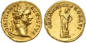 Domitian (81-96), Aureus, Rome, AD 92-94
AV (g 7,45; mm 18; h 6)
DOMITIANVS - AVGVSTVS Laureate head r., Rv. GERMANICVS COS XVI Minerva standing l.,...