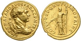 Trajan (98-117), Aureus, Rome, AD 103-111
AV (g 7,30; mm 20; h 6)
IMP TRAIANO AVG GER CAC P M TR P, laureate, draped and cuirassed bust r., Rv. COS ...