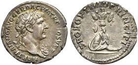 Trajan (98-117), Denarius, Rome, AD 103-107
AR (g 3,31; mm 19; h 6)
IMP TRAIANO AVG GER DAC P M TR P COS V P P, laureate bust r., wearing aegis, Rv....