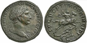 Trajan (98-117), Sestertius, Rome, AD 103-111
AE (g 26,79; mm 33; h 6)
IMP CAES NERVAE TRAIANO AVG GER DAC P M TR P COS V P P, laureate bust r., dra...