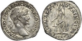 Trajan (98-117), Denarius, Rome, AD 112-114
AR (g 3,01; mm 19; h 7)
IMP TRAIANO AVG GER DAC P M TR P COS VI P P, laureate bust r., drapery on l. sho...