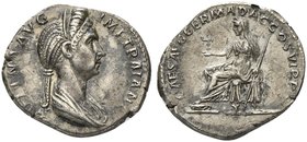 Plotina, Denarius struck under Trajan, Rome AD 112-114
AR (g 3,50; mm 20; h 6)
PLOTINA AVG IMP TRAIANI, draped bust r., wearing stephane, Rv.CAES AV...