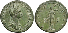 Plotina, Sestertius struck under Trajan, Rome, ca. AD 112-117
AE (g 25,79; mm 34; h 6)
PLOTINA AVG - IMP TRAIANI, draped bust r., wearing stephane, ...