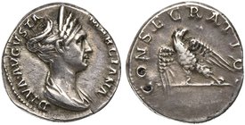 Diva Marciana, Denarius struck under Trajan, Rome, after AD 112
AR (g,05; mm 18; h 6)
DIVA AVGVSTA - MARCIANA, diademed and draped bust r., Rv. CONS...