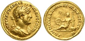 Hadrian (117-138), Aureus, Rome, AD 121
AV (g 7,21; mm 19; 6)
IMP CAES HADRIA – NVS AVG COS III, laureate, draped and cuirassed bust r., Rv. ANN ÐCC...