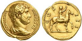 Hadrian (117-138), Aureus, Rome 125-128
AV (g 7,11; mm 19; h 6)
HADRIANVS - AVGVSTVS, draped bust r., Rv.COS III, Hadrian on horseback r., raising h...