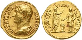 Hadrian (117-138), Aureus, Rome, AD 134-138
AV (g 6,97; mm 19; h 6)
HADRIANVS - AVG COS III P P, bare head l., ADVENT - VI AVG - I - TALIAE, Hadrian...