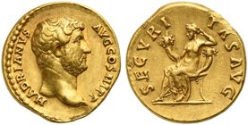Hadrian (117-138), Aureus, Rome, AD 134-138
AV (g 6,83; mm 19; h 6)
HADRIANVS - AVG COS III PP, bare head r., Rv. SECVRI - TAS AVG, Securitas seated...