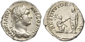 Hadrian (117-138), Denarius, Rome, AD 134-138
AR (g 3,45; mm 17; h 6)
HADRIANVS - AVG COS III P P, laureate and draped bust r., RV. RESTITVTORI HI -...