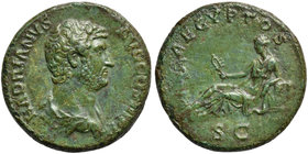 Hadrian (117-138), As or Dupondius, Rome, AD 134-138
AE (g 12,84; mm 26; h 1)
HADRIANVS - AVG COS III P P, draped bust r., Rv. AEGYPTOS, Egypt recli...