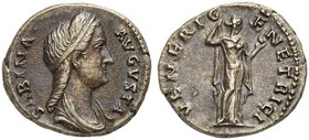 Sabina, Denarius struck under Hadrian, Rome, AD 128-136
AR (g 3,38; mm 17; h 6)
SABINA - AVGVSTA, diademed and draped bust r., hair in long tail at ...