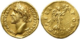 Antoninus Pius (138-161), Aureus, Rome, AD 143-144
AV (g 7,08; mm 18; h 6)
ANTONINVS AVG PI - VS P P TR P COS III, laureate head l., Rv. IMPERA - TO...