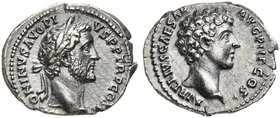 Antoninus Pius with Marcus Aurelius Caesar, Denarius struck under Antoninus Pius, Rome, AD 140
AR (g 2.,94; mm 18; h 6)
ANTONINVS AVG PI - VS P P TR...