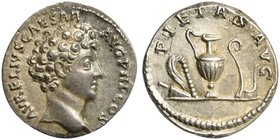Marcus Aurelius, as Caesar, Denarius struck under Antoninus Pius, Rome, AD 140-144
AR (g 3,21; mm 17; h 12)
AVRELIVS CAESAR - AVG P II F COS, bare h...