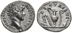 Marcus Aurelius, as Caesar, Denarius struck under Antoninus Pius, Rome, AD 140-144
AR (g 3,10; mm 18; h 6)
AVRELIVS CAESAR - AVG P II F COS, bare he...