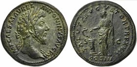 Marcus Aurelius (161-180), Sestertius, Rome, AD 162-163
AE (g 23,77; mm 33; h 12)
IMP CAES M AVREL - ANTONINVS AVG P M, laureate bust r., draped on ...