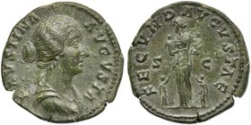 Faustina Minor, As struck under Marcus Aurelius, Rome, AD 161-175
AE (g 11,42; mm 25; h 12)
FAVSTINA - AVGVSTA, draped bust r., hair knotted behind,...