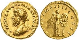 Lucius Verus (161-169), Aureus, Rome, AD 166-167
AV (g 7,27; mm 20; h 12)
L VERVS AVG ARM PARTH MAX, laureate and cuirassed bust l., Rv. T R P VI IM...