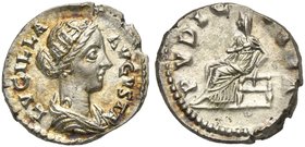Lucilla, Denarius struck under Marcus Aurelius, Denarius, Rome, AD 164-169
AR (g 3,25; mm 17; h 6)
LVCILLA - AVGVSTA, draped bust r., hair knotted b...