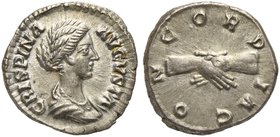 Crispina, Denarius struck under Commodus, Rome, AD 178-191
AR (g 3,07; mm 18; h 12)
CRISPINA - AVGVSTA, draped bust r., hair knotted behind, Rv. CON...