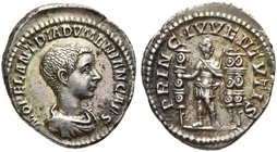 Diadumenian, as Caesar, Denarius struck under Macrinus, Rome, AD 217-218
AR (g 3,28; mm 21; h 12)
M OPEL ANT DIADVMENIAN CAES, draped and cuirassed ...