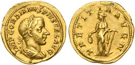 Gordian III (238-244), Aureus, Rome, AD 241-243
AV (g 4,70; mm 21; h 12)
IMP GORDIANVS PIVS FEL AVG, laureate, draped, and cuirassed bust r., Rv. LA...