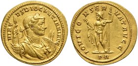 Diocletian (284-305), Aureus, Rome, AD 284-305
AV (g 5,19; mm 22; h 12)
VIRT - VS DIOCLETIANI AVG, laureate, draped, and cuirassed bust r., holding ...