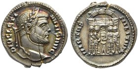 Diocletian (284-305), Argenteus, Siscia, AD 294-295
AR (g 3,41; mm 18; h 6)
DIOCLETI - ANVS AVG, laureate head r., Rv. VIRTVS – MILITVM, eight-turre...