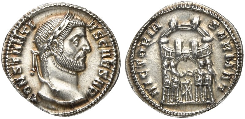 Constantius I, as Caesar, Argenteus struck under Maximian Herculius, Ticinum, AD...