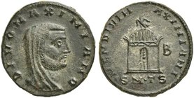 Divus Galerius, Follis struck under Licinius I, Thessalonica, after AD 311
AE (g 5,38; mm 24; h 5)
DIVO MAXIMIANO, veiled bust r., Rv. MEM DIVI M - ...