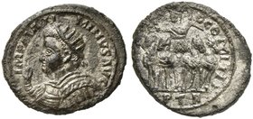 Maximinus II Daia (309-313), Denarius, Treveri, AD 313
BI (g 2,49; mm 19; h 6)
IMP MAXI - MINVS AVG, radiate and cuirassed bust l., holding a globe ...