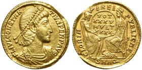 Constantius II (337-361), Solidus, Aquileia, AD 355-361
AV (g 4,37; mm 21; h 12)
FL IVL CONSTAN – TIVS PERP AVG, diademed, draped and cuirassed bust...