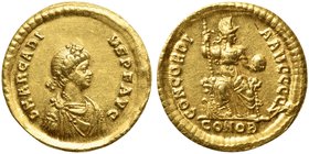 Arcadius (383-408), Solidus, Constantinopolis, AD 383
AV (g 4,46; mm 20; h 12)
D N ARCADI - VS P F AVG, diademed, draped and cuirassed bust r., Rv. ...