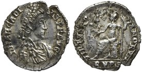 Arcadius (383-408), Siliqua, Ravenna, AD 408
AR (g 1,86; mm 17; h 6)
D N ARCADI - VS P F AVG, diademed, draped and cuirassed bust r., Rv. VIRTVS RO ...