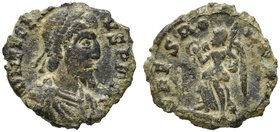 Eugenius (Usuper, 392-394), Nummus, Uncertain mint, AD 392-394
AE (g 0,71; mm 13; h 6)
D N EVGENI - VS PF AVG, diademed, draped and cuirassed bust r...