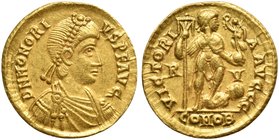 Honorius (393-423), Solidus, Ravenna, AD 402-406
AV (g 4,51; mm 21; h 12)
D N HONORI - VS P F AVG, diademed, draped and cuirassed bust r., Rv. VICTO...