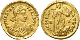 Honorius (393-423), Solidus, Ravenna, AD 402-406
AV (g 4,44; mm 20; h 6)
D N HONORI - VS P F AVG, diademed, draped and cuirassed bust r., Rv. VICTOR...