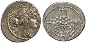 C. Considius Nonianus, Denarius, Rome, 57 BC
AR (g 4,09; mm 18; h 2)
Temple of Venus Erycina on a mountain, on which stands the temple, surrounded b...