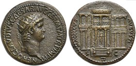 Nero, Dupondius, Rome, AD 64
AE (g 15,42; mm 29; h 6)
Façade of the Macellus Magnus shown as domed columnar structure flanked by two storied wings w...