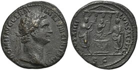 Domitian, As, Rome, 14 September - 31 December AD 88
AE (g 8,59; mm 29; h 6)
Domitian sacrificing over lit and garlanded altar; to l., a lyre player...