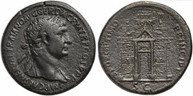 Trajan, Sestertius, Rome, AD 103-104
AE (g 26,62; mm 34; h 7)
Front of the Temple of Jupiter: monumental gateway; on the sides, are various reliefs:...
