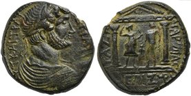 Hadrian, Bronze, Palestina: Gaza, AD 135-136
AE (g 23,31; mm 33; h 12)
Distyle temple with Apollo and Artemis. BMC 16ff; SNG ANS 922f.
Rare, green ...